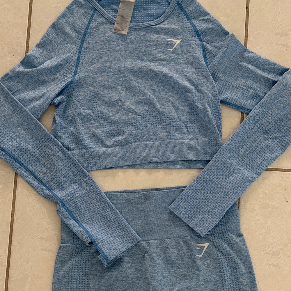 Gymshark Light Blue Seamless Long Sleeve Crop Top & Matching High Waist Set